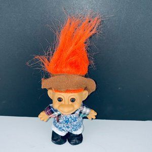 Russ Troll Doll Plaid Shirt Overalls Orange Hair Brown Hat Farmer Figure Toy